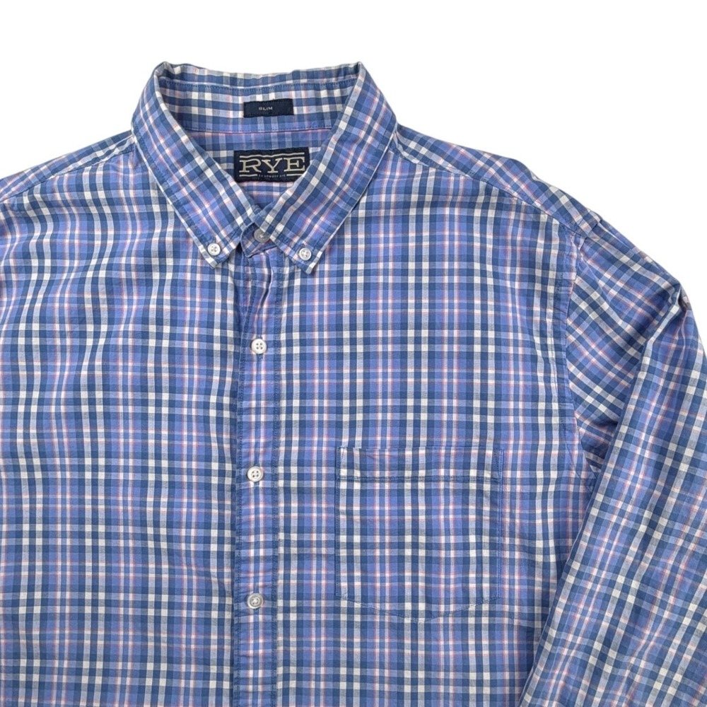 Hawker Rye Mens XL Slim Fit Plaid Button Down Shirt Blue Pink Long Sleeve Pocket